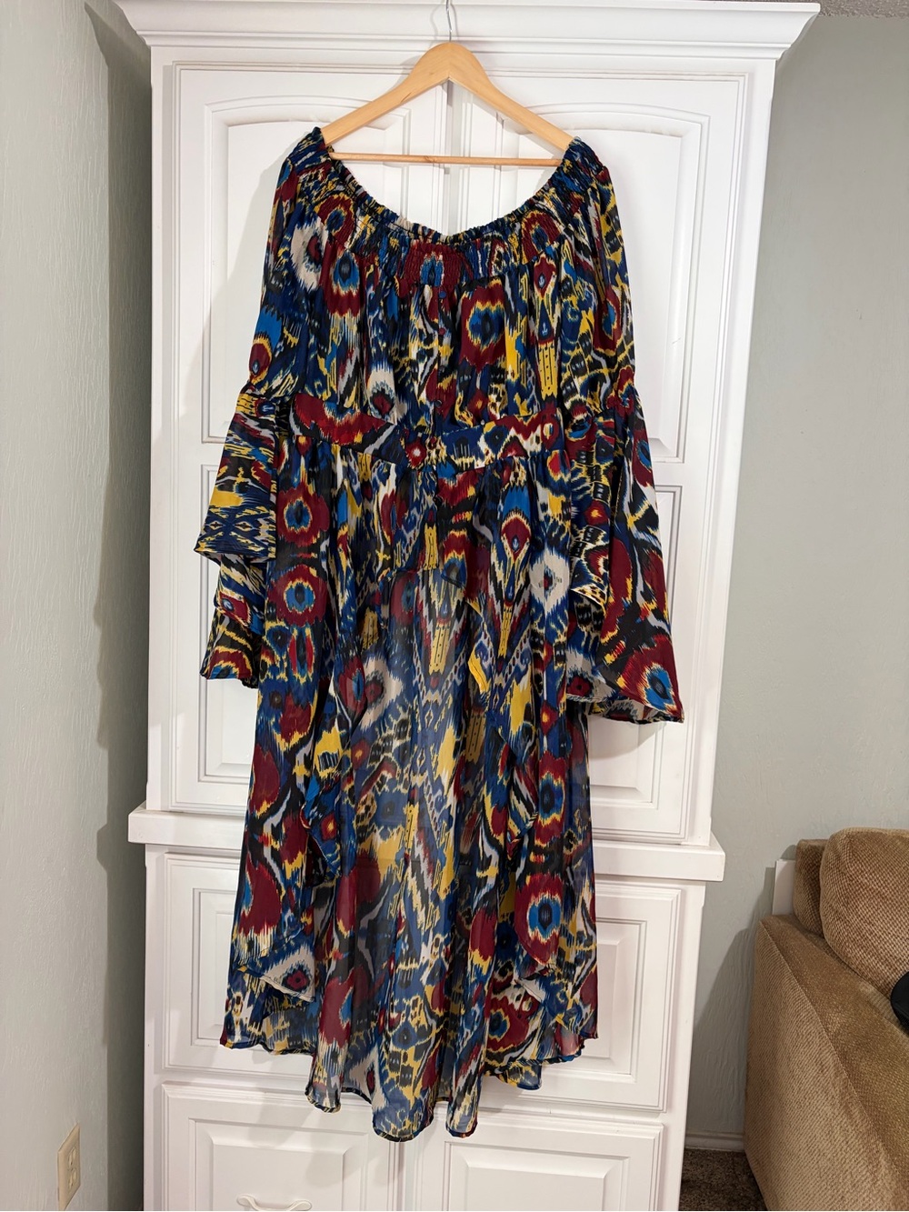 Ashley Stewart Multicolor Off-Shoulder Midi Dress - Red, Blue, Yellow Print